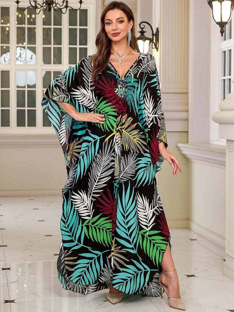 KEYLORTING Women’s Kaftan Beach Cover Up Dress Plus Size Summer Swimsuit Loungewear Maxi Dress - Image 2